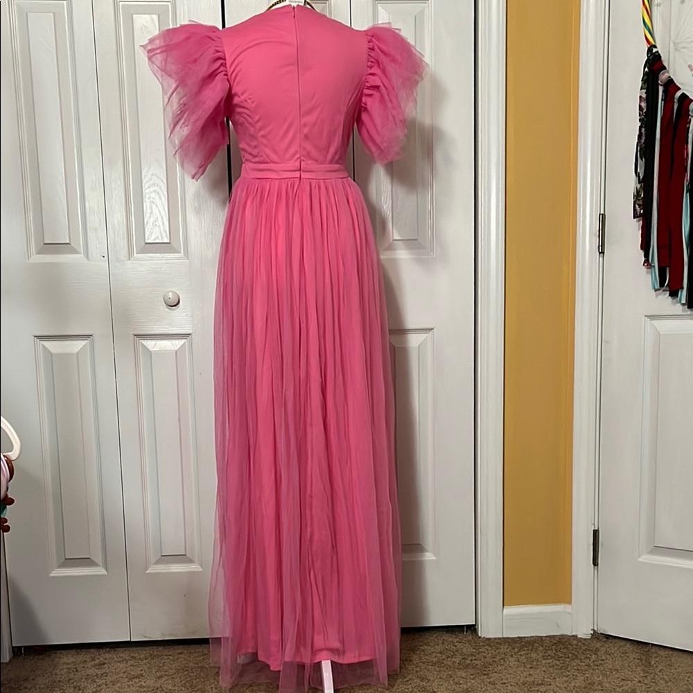 NWOT Pink Ruffled Tiered Maxi Gown with Plunge Neckline - Picture 3 of 7